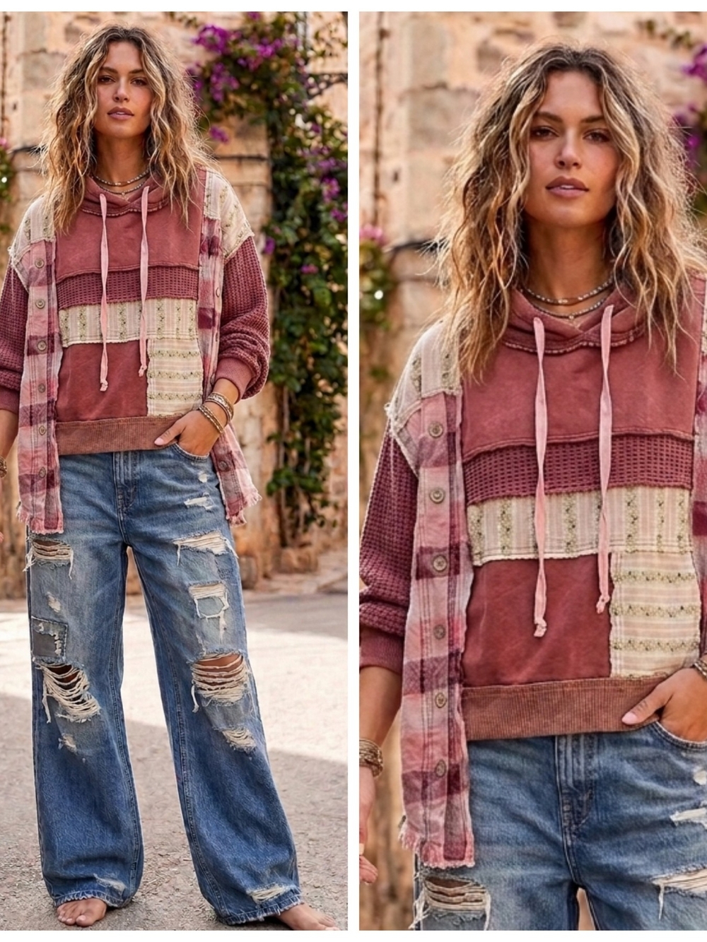 Boho Patchwork Hoodie Sweater - Dusty Rose